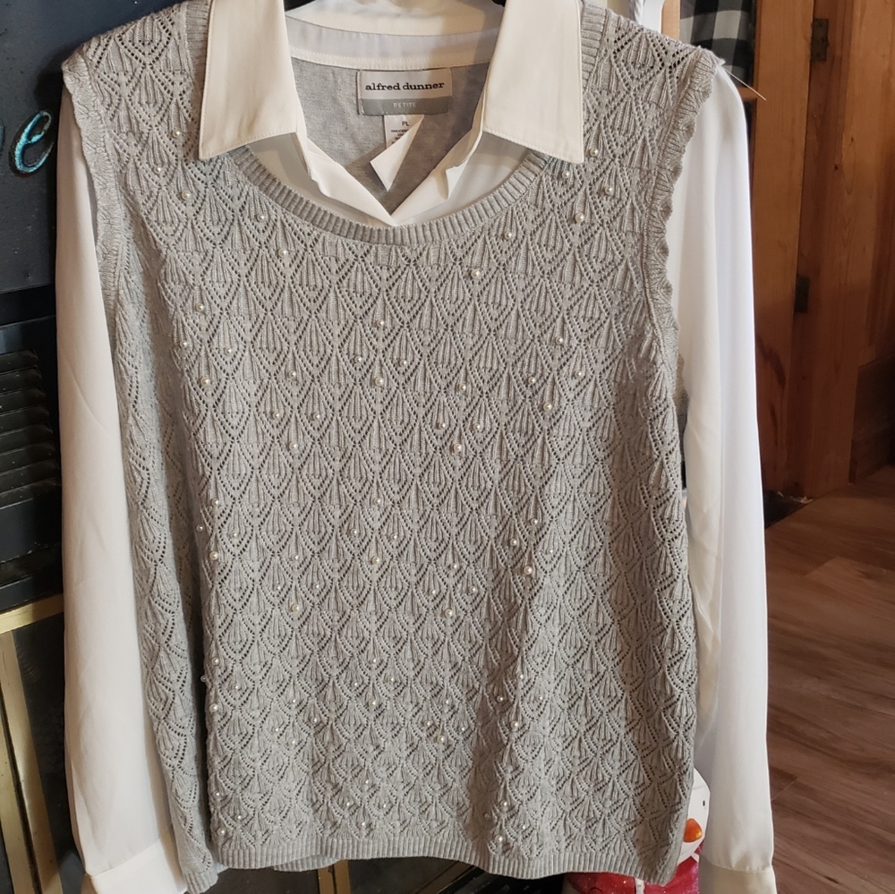 Silver Grey shiny Pearls New Alfred Dunner White Blouse With Vest Christmasparty